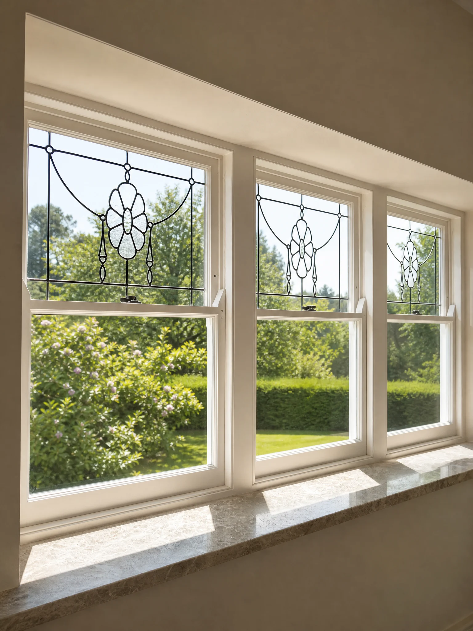 Restored sash window overlooking a garden