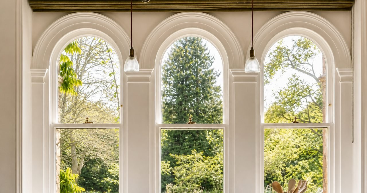 Three arched sash windows overlooking a garden