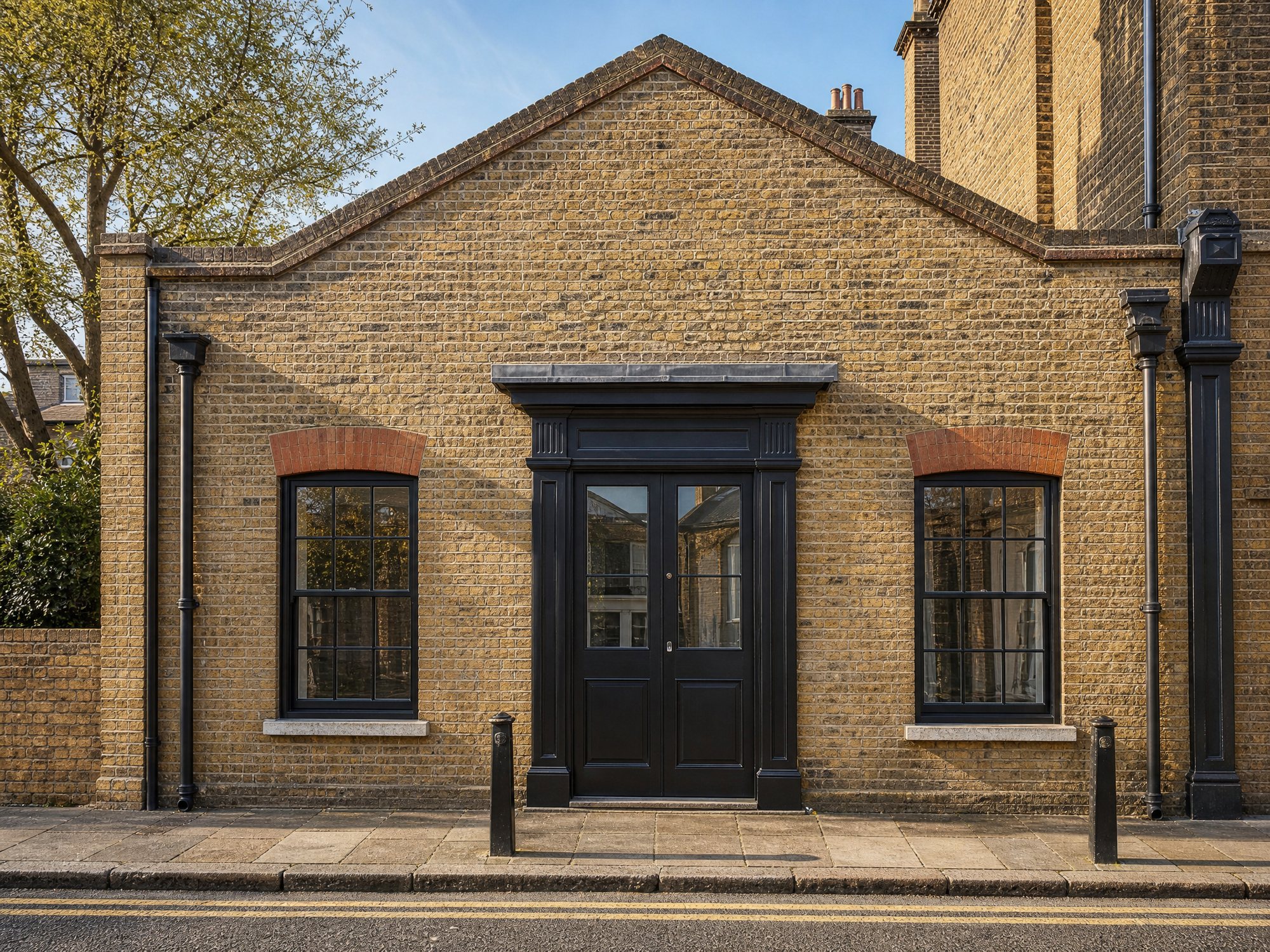 Yellow-brick studio building with black timber door and sash windows